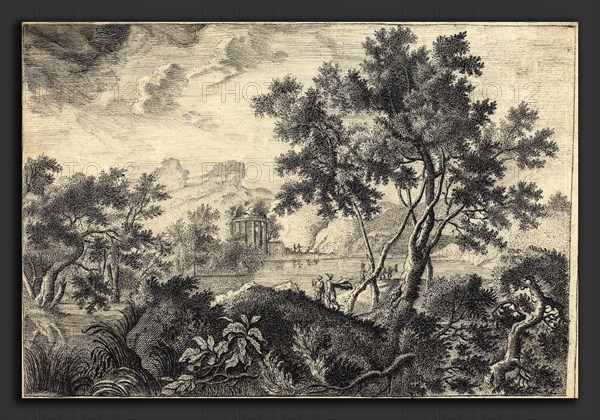Attributed to Frédéric de Moucheron (Netherlandish, 1633 - 1686), Classical Landscape with a Tempietto, pen and black ink on vellum