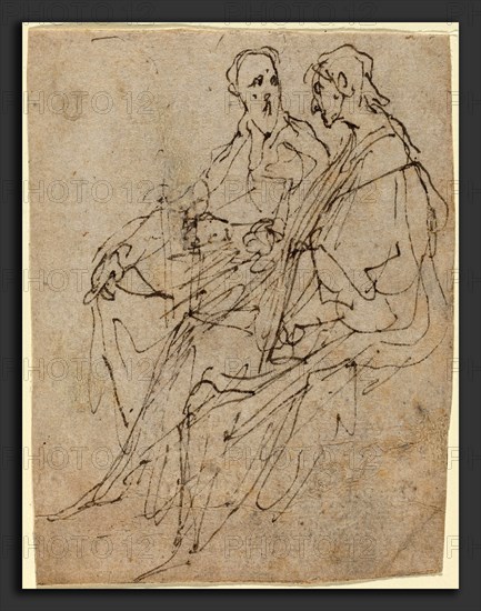 Sir Anthony van Dyck (Flemish, 1599 - 1641), Two Seated Male Figures, pen and black ink on buff laid paper