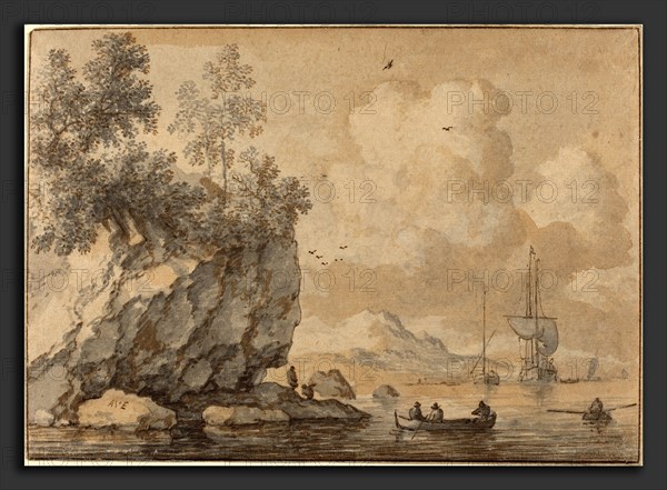 Allart van Everdingen (Dutch, 1621 - 1675), Figures in Rowing Boats in a Rocky Cove, Sailing Ships Beyond, pen and brown ink with brown and gray wash on laidpaper