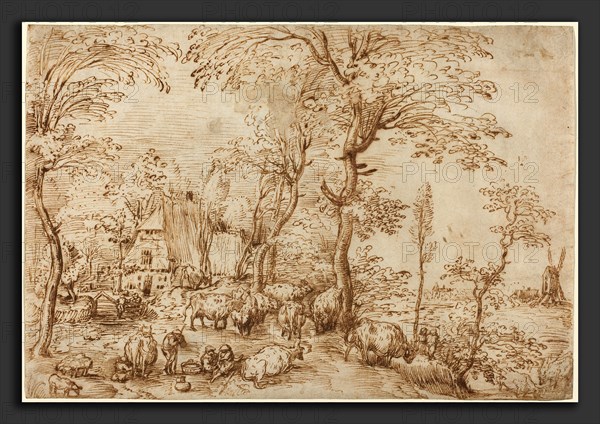 Pieter Bruegel the Elder (Flemish, c. 1525-1530 - 1569), Peasants and Cattle near a Farmhouse, c. 1553-1554, pen and brown ink on laid paper