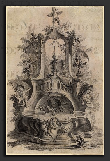 Johann Esaias Nilson (German, 1721 - 1788), Rococo Fountain with Lovers and the Four Elements, pen and black ink with gray wash on laid paper