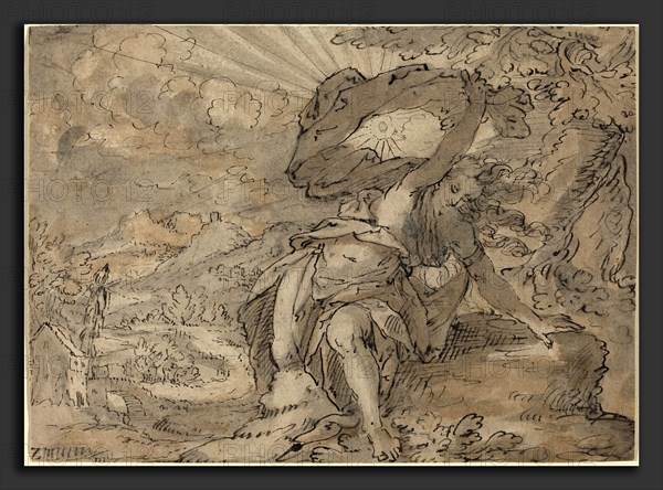 German 17th Century, Allegorical Female Figure in a Landscape [recto], c. 1600, pen and brown ink with gray and brown wash