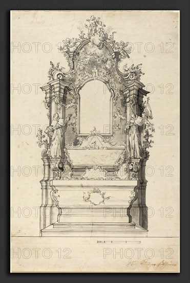 Veit KÃ¶niger (German, 1729 - 1792), Rococo Altar with a Reliquary Tomb, 1760s, pen and black ink with gray wash on laid paper