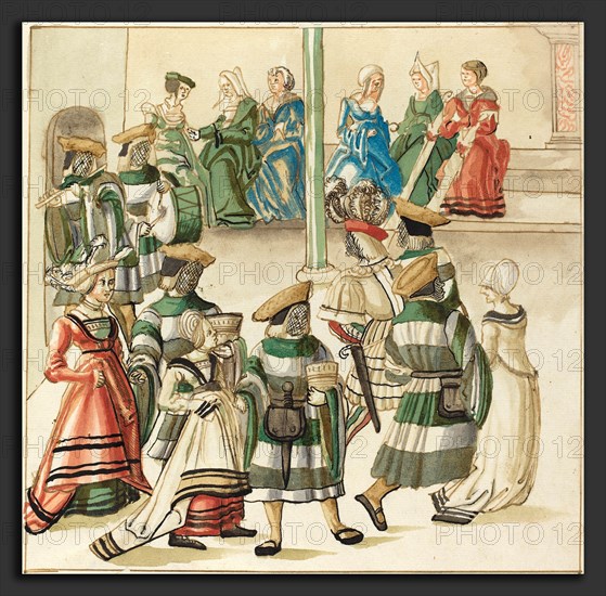 German 16th Century, Three Dancing Couples Led by Two Knights in Room with Column, c. 1515, pen and brown ink with watercolor on laid paper