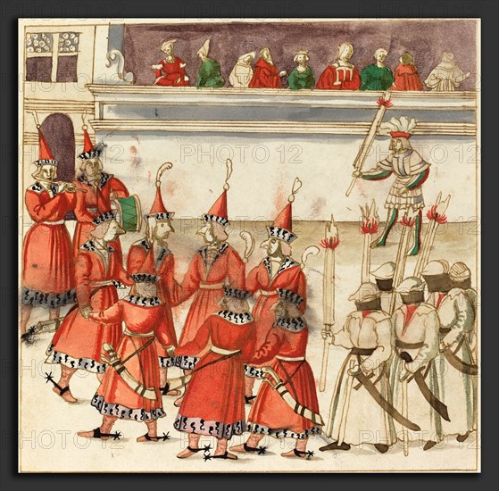 German 16th Century, Seven Men in Red Gathered in a Circle, c. 1515, pen and brown ink with watercolor on laid paper