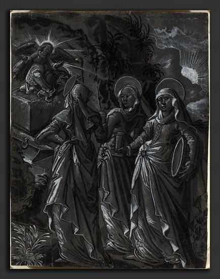 German 16th Century, The Three Women at the Tomb [recto], c. 1600, pen and brush and black ink with gray wash heightend with white on gray prepared paper