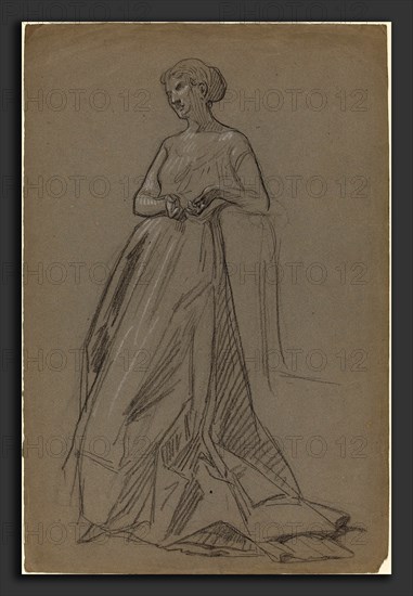 French 19th Century, Standing Woman Leaning on Her Elbow, 1890s, black chalk heightened with white chalk on gray-blue laid paper