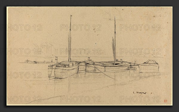Charles Meryon (French, 1821 - 1868), Boats on River with Masts, graphite on laid paper