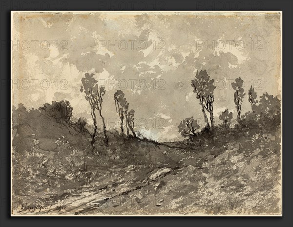 Henri-Joseph Harpignies, Road at Hérisson, French, 1819 - 1916, 1911, brush with black and gray inks over charcoal on wove paper