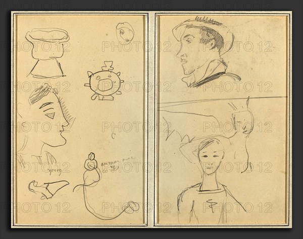 Paul Gauguin (French, 1848 - 1903), A Caricature and Five Forms; A Man in Profile, a Winged Creature and a Boy, 1884-1888, graphite on wove paper