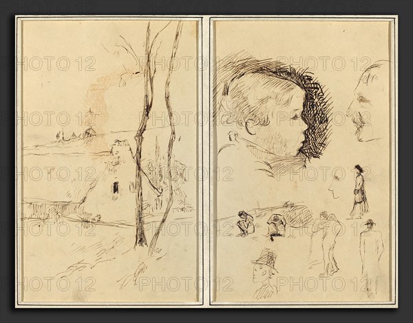 Paul Gauguin (French, 1848 - 1903), Landscape with a Cottage; Profile of Boy, Profile of Man, Two Women in a Landscape, and Five Other Studies, 1884-1888, pen and brown ink on wove paper