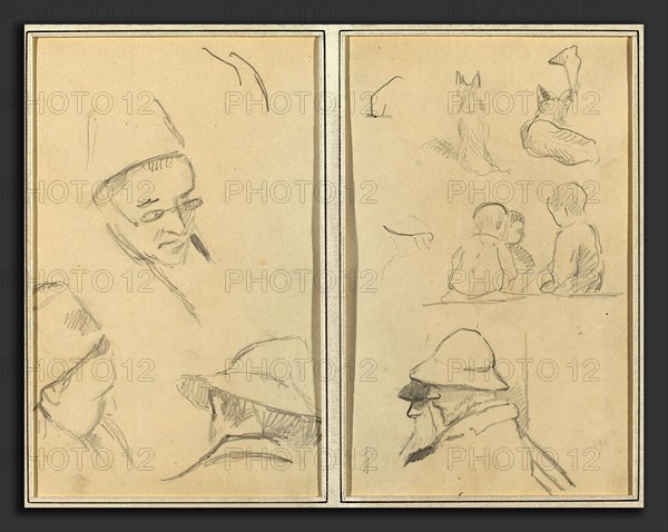Paul Gauguin (French, 1848 - 1903), Three Studies of Men's Heads, One with Spectacles; Dogs, Children, and Two Bearded Men in Profile, 1884-1888, graphite on wove paper