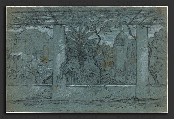 FranÃ§ois-Ãâdouard Bertin (French, 1797 - 1871), A Terrace and Garden on Capri [recto], c. 1822 or later, charcoal and white chalk on blue paper