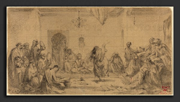 Edmond Hedouin (French, 1820 - 1889), Interior with Dancer, graphite, squared for transfer, on buff wove paper