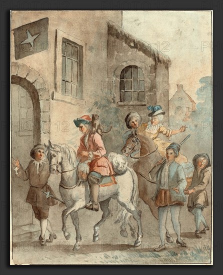 French 18th Century after Jean-Baptiste Oudry, Arrival at an Inn, 18th century, pen and brown ink with watercolor on light blue-green laid paper