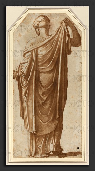 Attributed to Nicolas Poussin (French, 1594 - 1665), Female Roman Statue Seen from the Back, pen and brush with brown ink over black chalk on laid paper