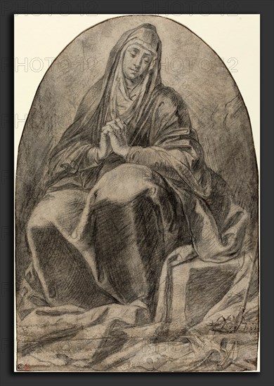 French 17th Century, The Grieving Virgin Contemplating Instruments of the Passion, 1640s, black chalk with stumping and gray wash on laid paper with a second piece added to the bottom