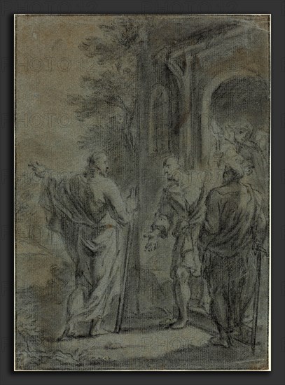 French 17th Century, Figures (Christ Calling One of the Apostles?), 17th century, black chalk with white heightening on blue laid paper