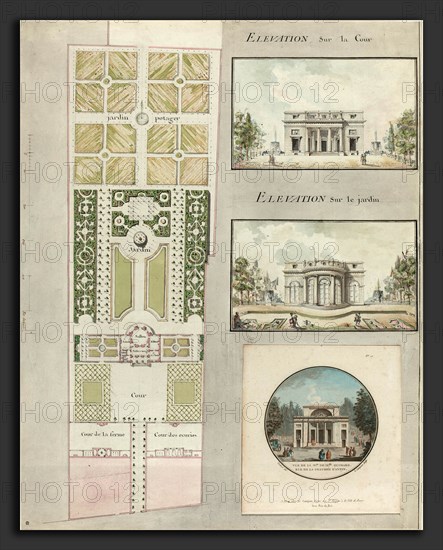 Jean Testard and Charles-Philippe Campion de Tersan (French, born c. 1740), Project for the House and Gardens of Mlle. Guimard, c. 1768-1770, pen and black ink with gray wash and watercolor over graphite on laid paper, with a color etching by Le Campion attached