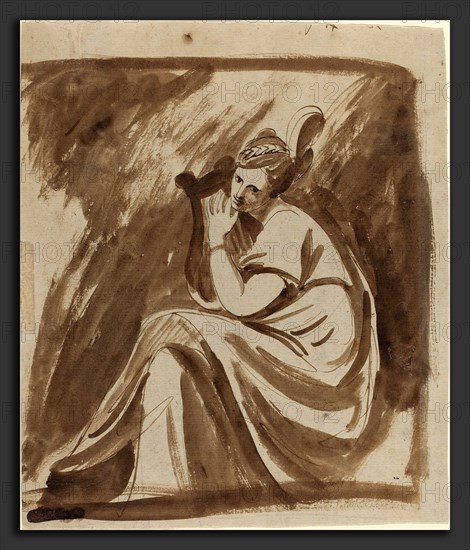 George Romney (British, 1734 - 1802), Lady Hamilton Playing a Lyre, c. 1785, pen and brown ink with brown wash over black chalk on wove paper