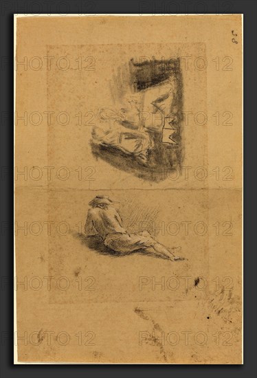 John Flaxman (British, 1755 - 1826), Reclining Man; Two Women, black chalk? heightened with white chalk; charcoal and graphite