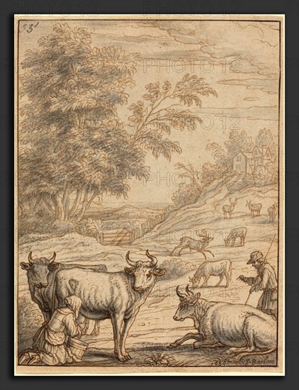 Francis Barlow (English, 1626 - 1702 or 1704), A Meadow with Cattle and Deer, 1684, pen and brown ink with gray wash on laid paper