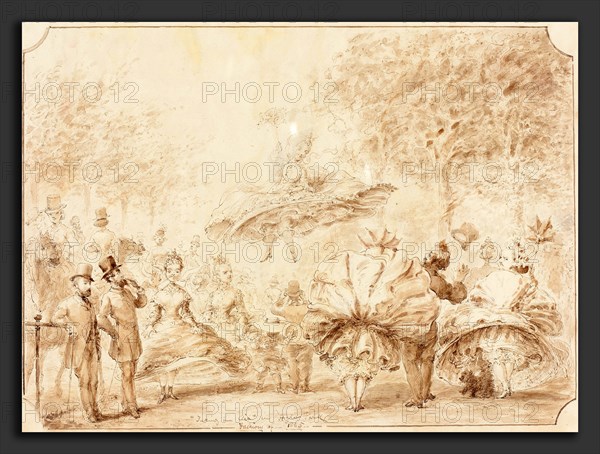 George Cruikshank (British, 1792 - 1878), "Taking the Air" in Hyde Park, 1865, pen and brown ink with brown wash over graphite on wove paper