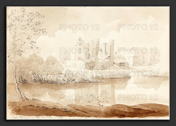 Attributed to James Bulwer (British, 1794 - 1879), Castle Rheban on the River Barrow, Athy, graphite and black chalk with brown wash on paperboard