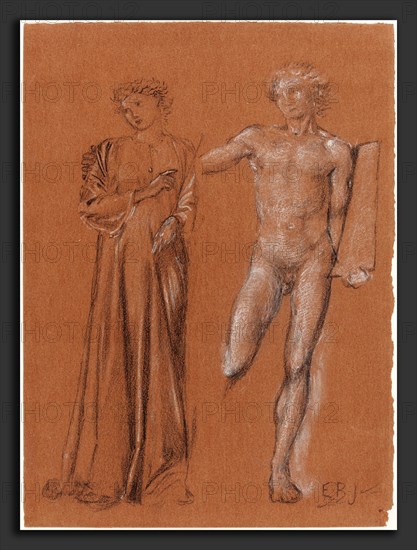 Sir Edward Coley Burne-Jones (British, 1833 - 1898), Orpheus and Eurydice, black and white chalk with traces of graphite on brown paper