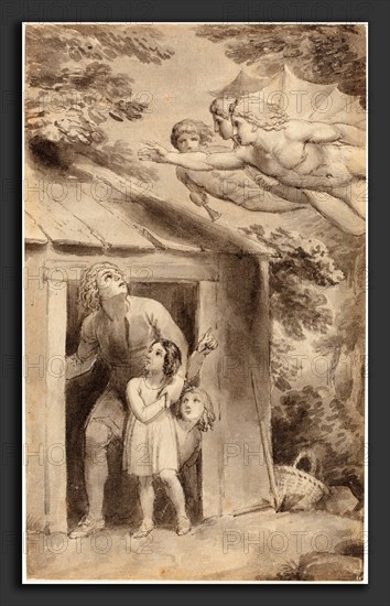 Thomas Stothard (British, 1755 - 1834), Peter and His Children Visited by Three Flying Figures, c. 1783, pen and gray ink with gray wash over graphite on wove paper