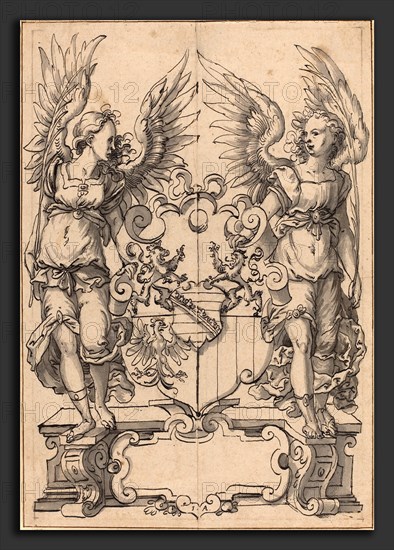 Jost Amman (Swiss, 1539 - 1591), Two Angels Holding a Coat of Arms, pen and black ink with gray wash over chalk on two joined sheets