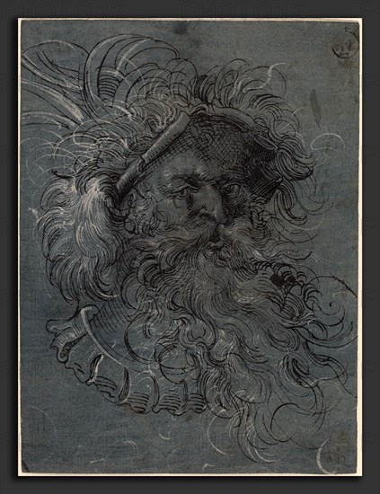 Jost Amman (Swiss, 1539 - 1591), Head of a Bearded Man, 1572, brush and black ink with white wash on blue prepared paper'