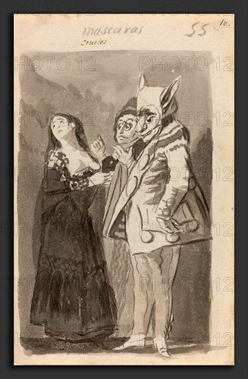 Francisco de Goya (Spanish, 1746 - 1828), Mascaras crueles (Cruel Masks) [recto], 1796-1797, brush and black ink and gray wash with scraping on laid paper'