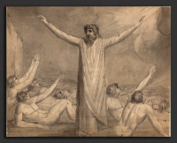 William Blake (British, 1757 - 1827), Moses Staying the Plague (?) [recto], c. 1780-1785, pen and ink with wash on two joined sheets