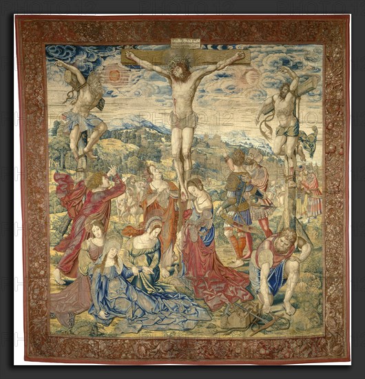 Pieter Pannemaker I after Bernard van Orley, The Crucifixion, Flemish, active c. 1517-1535, c. 1520, tapestry: undyed wool warp; spun silver, silver-gilt, and dyed silk and wool weft