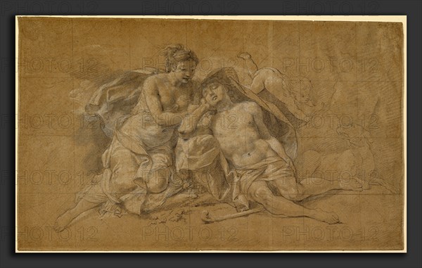 Charles-Antoine Coypel, Diana and Endymion, French, 1694 - 1752, 1720s, black chalk heightened with white and squared for transfer on brown paper