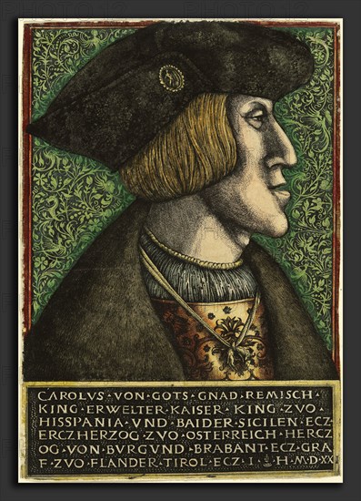 Daniel Hopfer I and Hieronymus Hopfer, Charles V, Holy Roman Emperor, German, c. 1470 - 1536, 1521, hand-colored etching on laid paper