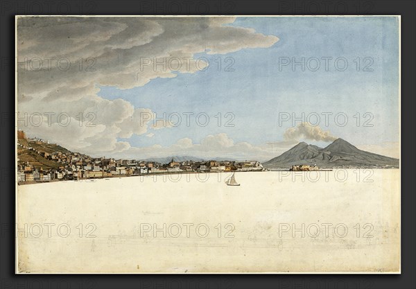 Giovanni Battista Lusieri (Italian, c. 1755 - 1821), The Bay of Naples with Mounts Vesuvius and Somma, 1782-1794, watercolor with pen and black ink over graphite on laid paper mounted to paperboard