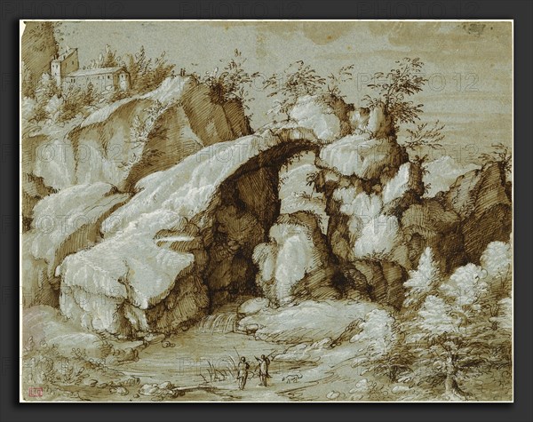 Gherardo Cibo (Italian, 1512 - 1600), Rocky Landscape with a Natural Arch, 1550-1580, pen and brown ink with brown wash, heightened with white gouache on blue paper