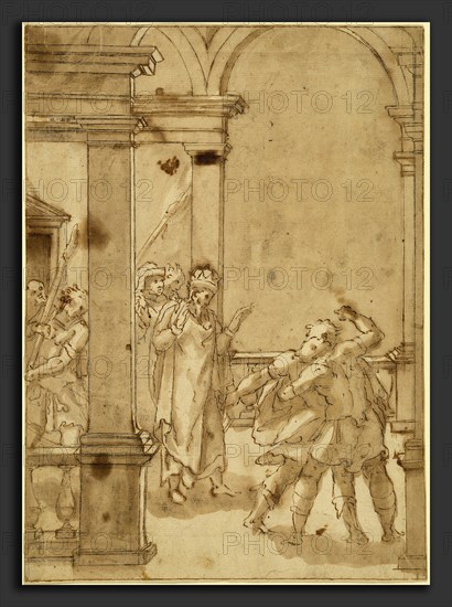 Cesare Nebbia (Italian, c. 1536 - c. 1614), Two Figures Struggling before a King, probably c. 1567-1569, pen and brown ink with brown wash over black  chalk on laid paper