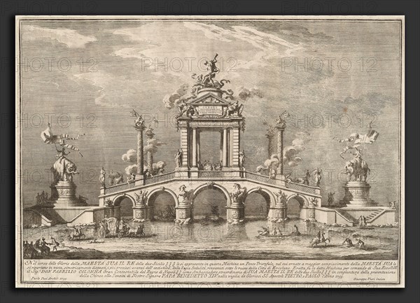 Giuseppe Vasi after Paolo Posi (architect), A Triumphal Bridge Adorned with Relics of the City of Ercolano, Italian, 1710 - 1782, 1755, etching on laid paper