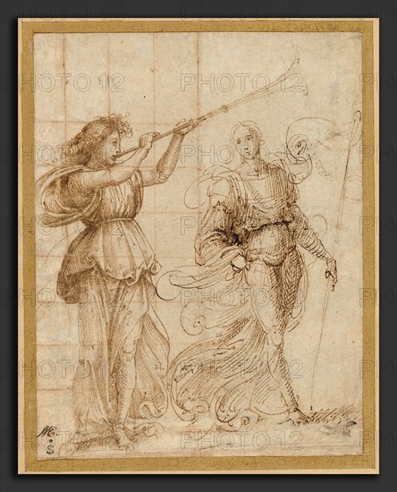Fra Bartolommeo, An Angel Blowing a Trumpet, and Another Holding a Standard, Italian, 1472 - 1517, c. 1500, pen and brown ink, squared in red chalk for transfer on laid paper