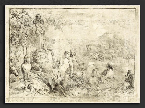 Giovanni David after Giovanni Benedetto Castiglione, Landscape with a Satyr Family and Classical Sculpture, Italian, 1743 - 1790, 1775-1776, etching on laid paper