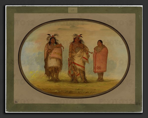 George Catlin, Menomonie Chief, His Wife, and Son, American, 1796 - 1872, 1861-1869, oil on card mounted on paperboard