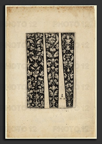 Daniel Hopfer I (German, c. 1470 - 1536), Ornament with Vase and Two Designs for Sleeves, etching and open biting