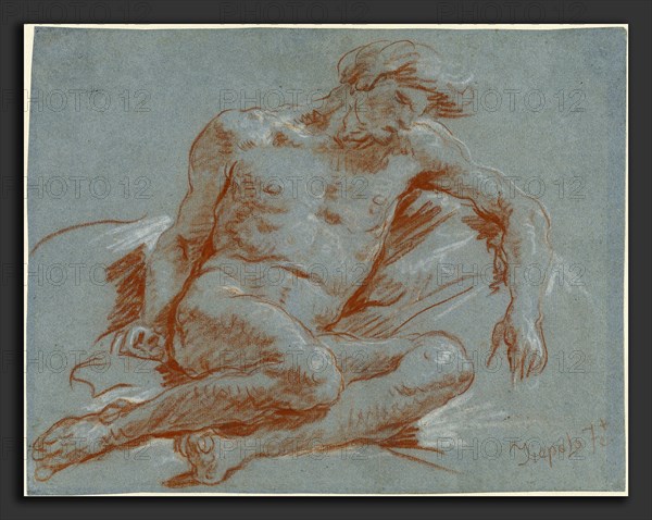 Giovanni Battista Tiepolo (Italian, 1696 - 1770), Seated Male Nude, 1752-1753, red chalk heightened with white chalk on blue laid paper