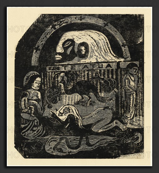 Paul Gauguin (French, 1848 - 1903), Te Atua (The Gods) Small Plate, in or after 1895, woodcut in black on thin japan paper (Guerin 61) laid down on woodcut in black on wove paper  (Guerin 60)