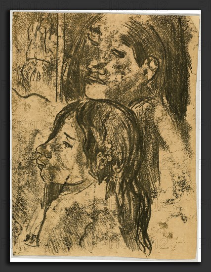 Paul Gauguin, Two Marquesans [recto], French, 1848 - 1903, c. 1902, traced monotype in warm black retouched slightly with an olive pigment