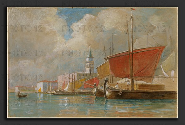 William Stanley Haseltine, Shipping Along the Molo in Venice, American, 1835 - 1900, watercolor and gouache over graphite on brown paper