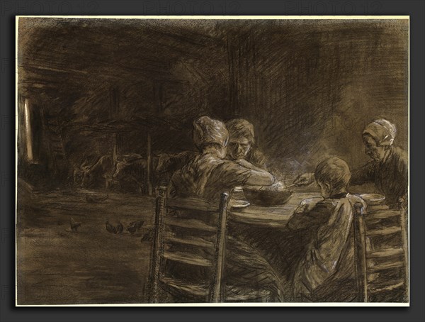 Max Liebermann (German, 1847 - 1935), East Frisian Peasants Eating Supper, 1893, charcoal and black chalk heightened with white on light green wove paper, with later touches of red chalk along the top; charcoal on greenish paper